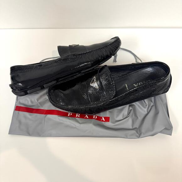 PRADA Black Patent Leather Silver Triangle Logo Driving Loafer 10 Moccasin Shoes main image 7